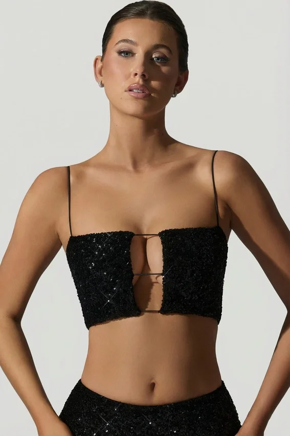 Ariana Embellished Cut-Out Crop Top in Black Ariana Embellished Cut-Out Crop Top in Black