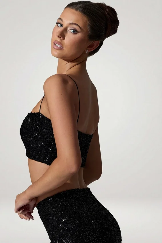 Ariana Embellished Cut-Out Crop Top in Black Ariana Embellished Cut-Out Crop Top in Black