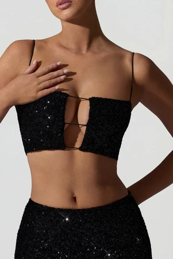 Ariana Embellished Cut-Out Crop Top in Black Ariana Embellished Cut-Out Crop Top in Black