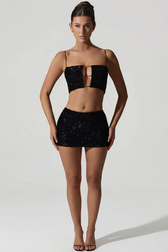 Ariana Embellished Cut-Out Crop Top in Black Ariana Embellished Cut-Out Crop Top in Black