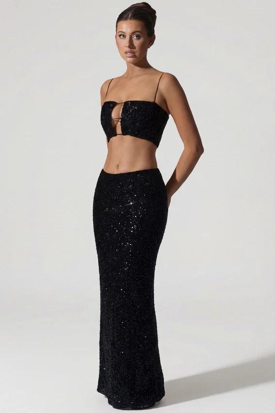 Ariana Embellished Cut-Out Crop Top in Black Ariana Embellished Cut-Out Crop Top in Black