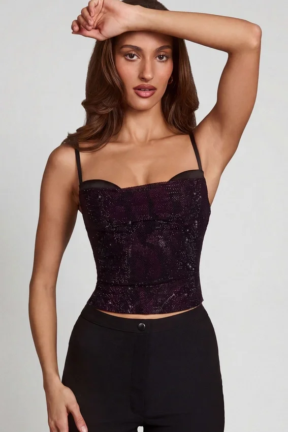 Armelia Embellished Peekaboo Cowl-Neck Top in Purple Snake Armelia Embellished Peekaboo Cowl-Neck Top in Purple Snake