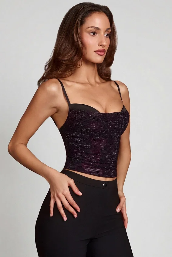 Armelia Embellished Peekaboo Cowl-Neck Top in Purple Snake Armelia Embellished Peekaboo Cowl-Neck Top in Purple Snake