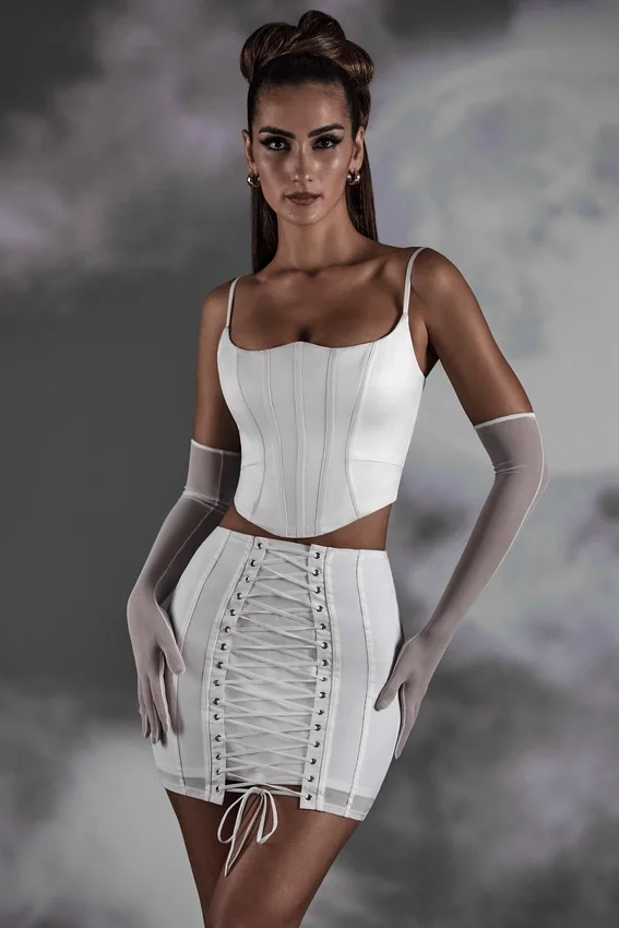 Asra Lace Up Mini Skirt in White Asra Lace Up Mini Skirt in White