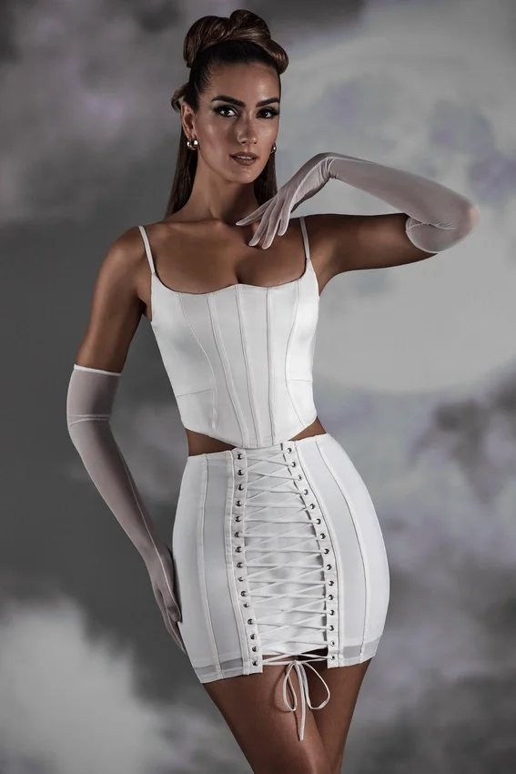 Asra Lace Up Mini Skirt in White Asra Lace Up Mini Skirt in White