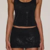Asta Embellished Mid-Rise A-Line Mini Skirt in Black Asta Embellished Mid-Rise A-Line Mini Skirt in Black