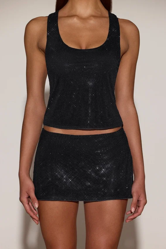 Asta Embellished Mid-Rise A-Line Mini Skirt in Black Asta Embellished Mid-Rise A-Line Mini Skirt in Black
