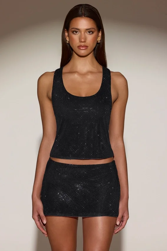 Asta Embellished Mid-Rise A-Line Mini Skirt in Black Asta Embellished Mid-Rise A-Line Mini Skirt in Black