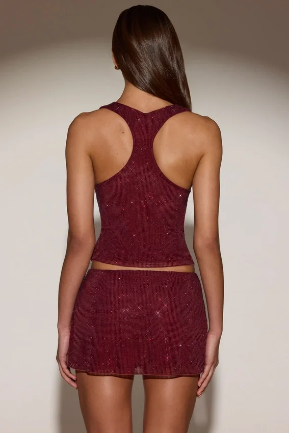 Aine Embellished Jersey Scoop-Neck Racerback Top in Burgundy Aine Embellished Jersey Scoop-Neck Racerback Top in Burgundy