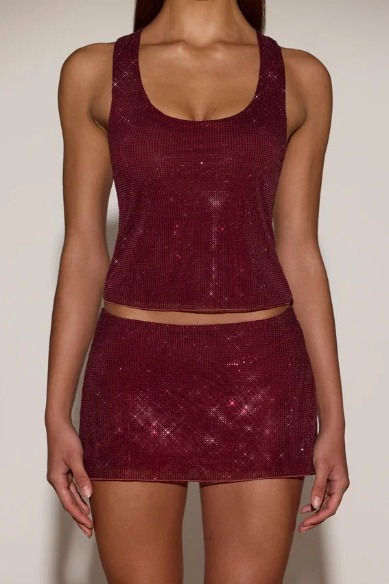 Aine Embellished Jersey Scoop-Neck Racerback Top in Burgundy Aine Embellished Jersey Scoop-Neck Racerback Top in Burgundy