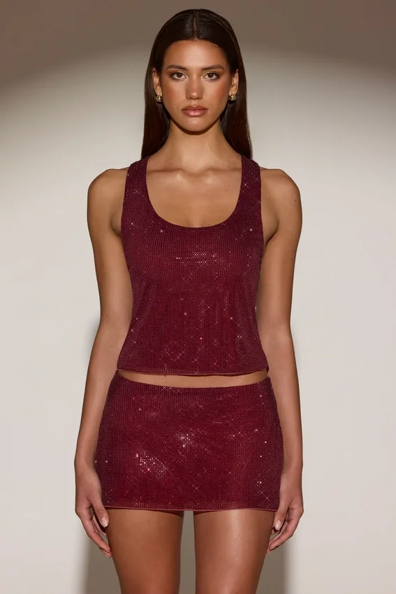 Aine Embellished Jersey Scoop-Neck Racerback Top in Burgundy Aine Embellished Jersey Scoop-Neck Racerback Top in Burgundy