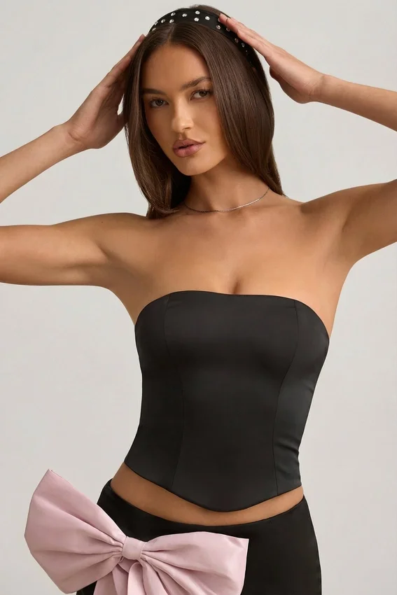 Audrina Cut-Out Bow-Detail Corset Top in Black Audrina Cut-Out Bow-Detail Corset Top in Black
