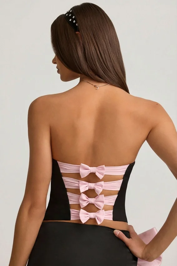 Audrina Cut-Out Bow-Detail Corset Top in Black Audrina Cut-Out Bow-Detail Corset Top in Black