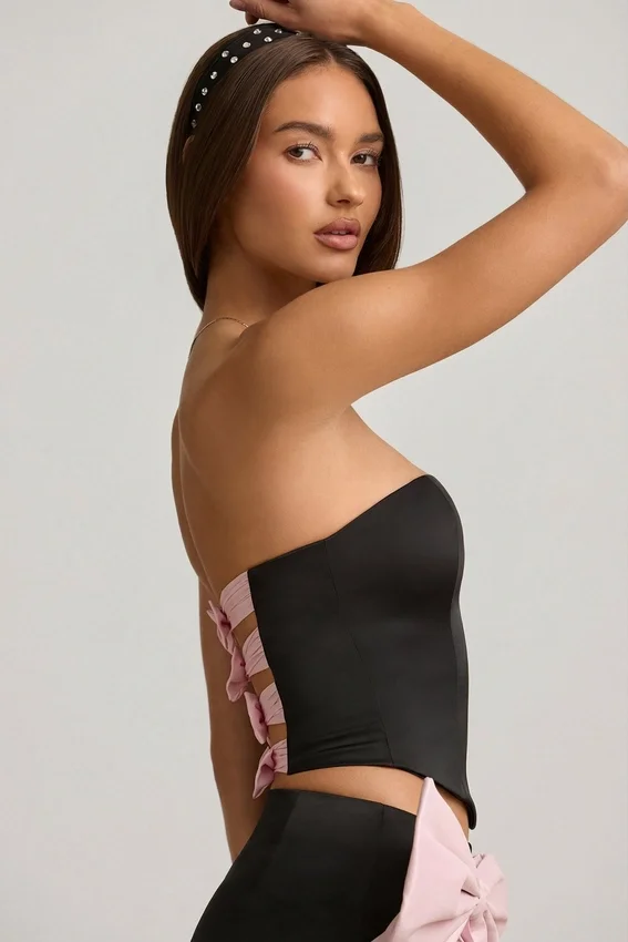 Audrina Cut-Out Bow-Detail Corset Top in Black Audrina Cut-Out Bow-Detail Corset Top in Black