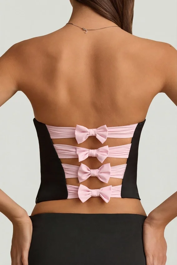 Audrina Cut-Out Bow-Detail Corset Top in Black Audrina Cut-Out Bow-Detail Corset Top in Black