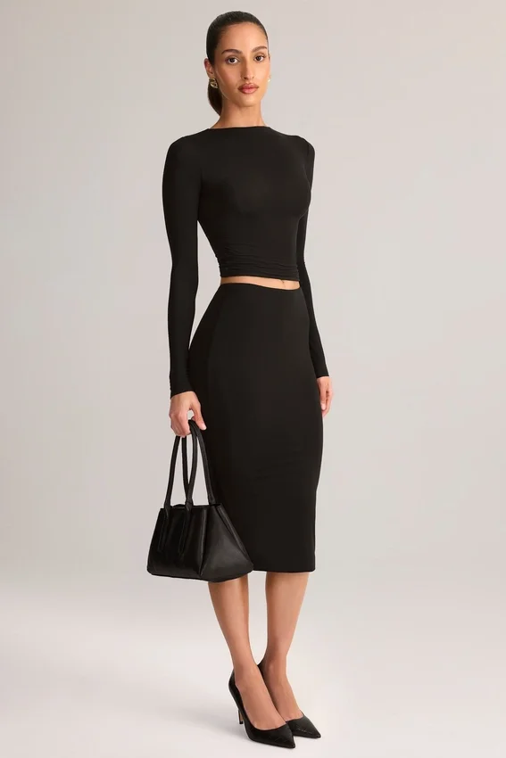 Aven Modal Mid-Rise Pencil Midi Skirt in Black Aven Modal Mid-Rise Pencil Midi Skirt in Black