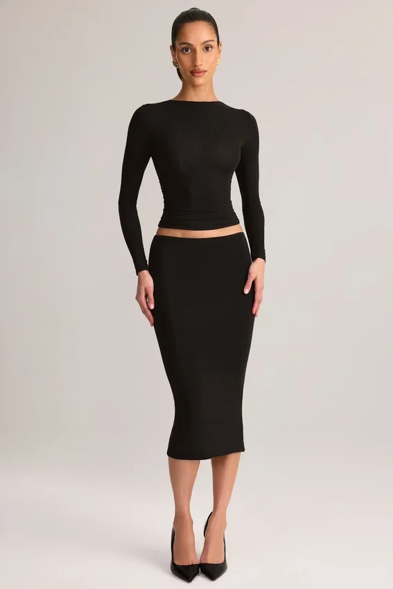Aven Modal Mid-Rise Pencil Midi Skirt in Black Aven Modal Mid-Rise Pencil Midi Skirt in Black