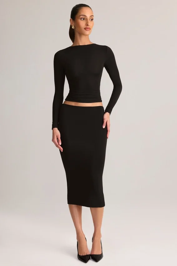 Aven Modal Mid-Rise Pencil Midi Skirt in Black Aven Modal Mid-Rise Pencil Midi Skirt in Black