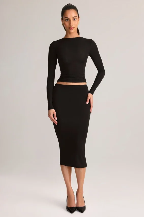 Aven Modal Mid-Rise Pencil Midi Skirt in Black Aven Modal Mid-Rise Pencil Midi Skirt in Black