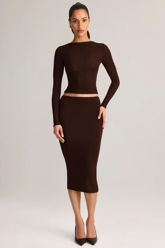 Aven Modal Mid-Rise Pencil Midi Skirt in Chocolate Brown Aven Modal Mid-Rise Pencil Midi Skirt in Chocolate Brown