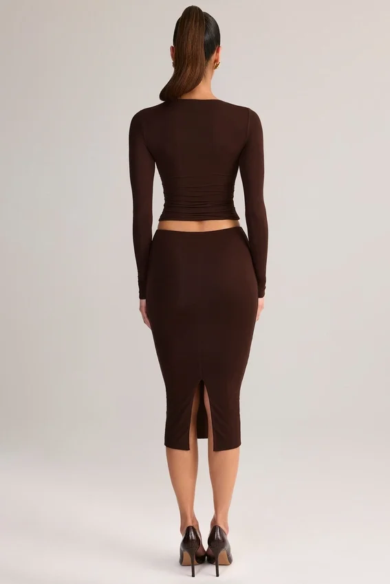 Aven Modal Mid-Rise Pencil Midi Skirt in Chocolate Brown Aven Modal Mid-Rise Pencil Midi Skirt in Chocolate Brown
