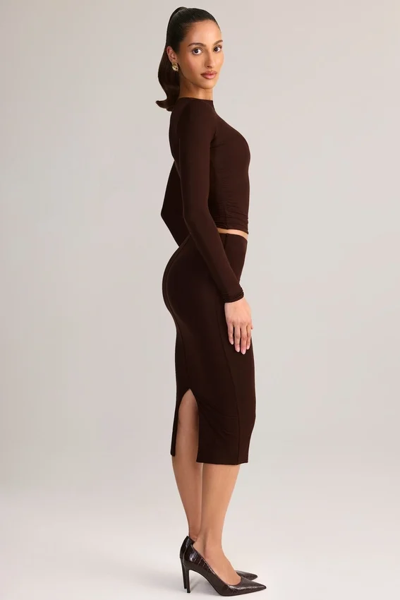Aven Modal Mid-Rise Pencil Midi Skirt in Chocolate Brown Aven Modal Mid-Rise Pencil Midi Skirt in Chocolate Brown