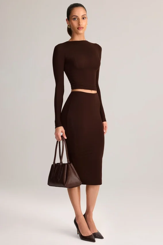 Aven Modal Mid-Rise Pencil Midi Skirt in Chocolate Brown Aven Modal Mid-Rise Pencil Midi Skirt in Chocolate Brown
