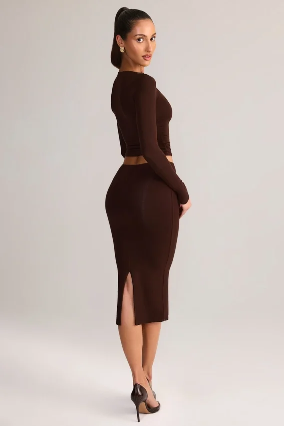 Aven Modal Mid-Rise Pencil Midi Skirt in Chocolate Brown Aven Modal Mid-Rise Pencil Midi Skirt in Chocolate Brown