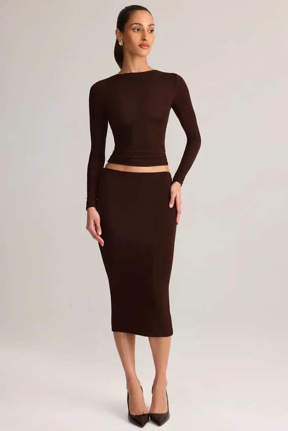 Aven Modal Mid-Rise Pencil Midi Skirt in Chocolate Brown Aven Modal Mid-Rise Pencil Midi Skirt in Chocolate Brown