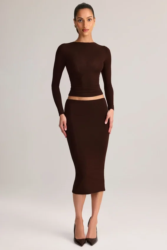 Aven Modal Mid-Rise Pencil Midi Skirt in Chocolate Brown Aven Modal Mid-Rise Pencil Midi Skirt in Chocolate Brown