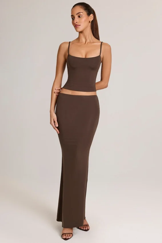 Avenley Modal Mid-Rise Fishtail Maxi Skirt in Chocolate Brown Avenley Modal Mid-Rise Fishtail Maxi Skirt in Chocolate Brown