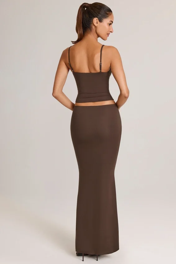 Avenley Modal Mid-Rise Fishtail Maxi Skirt in Chocolate Brown Avenley Modal Mid-Rise Fishtail Maxi Skirt in Chocolate Brown