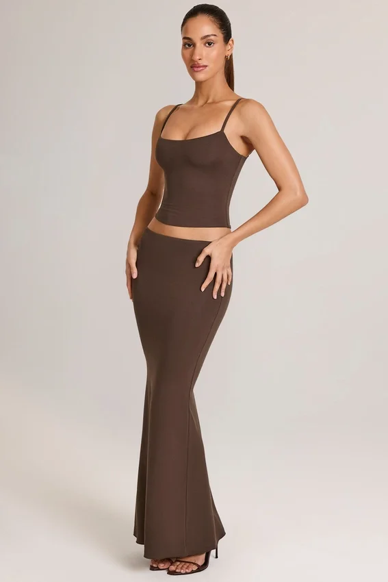 Avenley Modal Mid-Rise Fishtail Maxi Skirt in Chocolate Brown Avenley Modal Mid-Rise Fishtail Maxi Skirt in Chocolate Brown