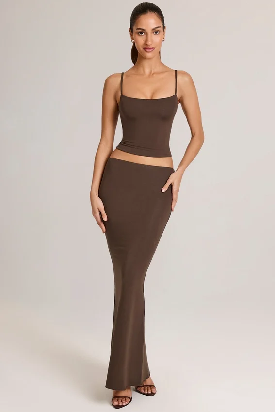 Avenley Modal Mid-Rise Fishtail Maxi Skirt in Chocolate Brown Avenley Modal Mid-Rise Fishtail Maxi Skirt in Chocolate Brown