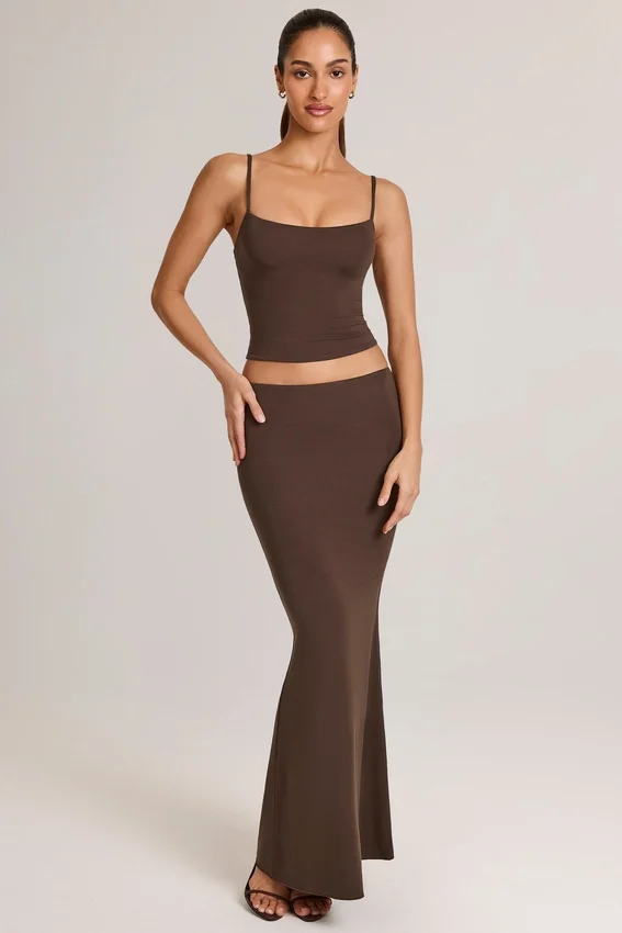Avenley Modal Mid-Rise Fishtail Maxi Skirt in Chocolate Brown Avenley Modal Mid-Rise Fishtail Maxi Skirt in Chocolate Brown