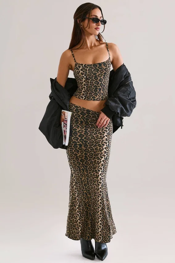 Avenley Modal Mid-Rise Fishtail Maxi Skirt in Leopard Print Avenley Modal Mid-Rise Fishtail Maxi Skirt in Leopard Print