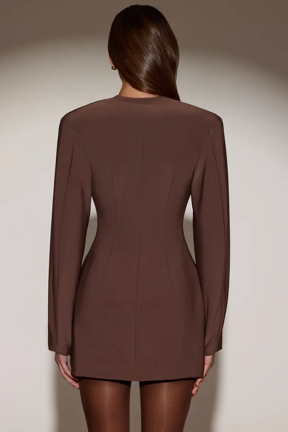 Azelie Single-Breasted Blazer Mini Dress in Chocolate Brown Azelie Single-Breasted Blazer Mini Dress in Chocolate Brown
