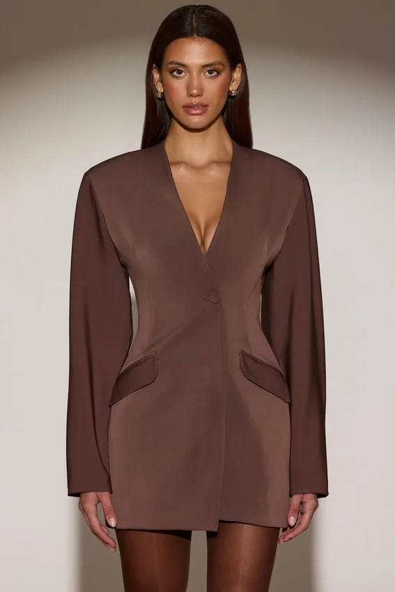 Azelie Single-Breasted Blazer Mini Dress in Chocolate Brown Azelie Single-Breasted Blazer Mini Dress in Chocolate Brown