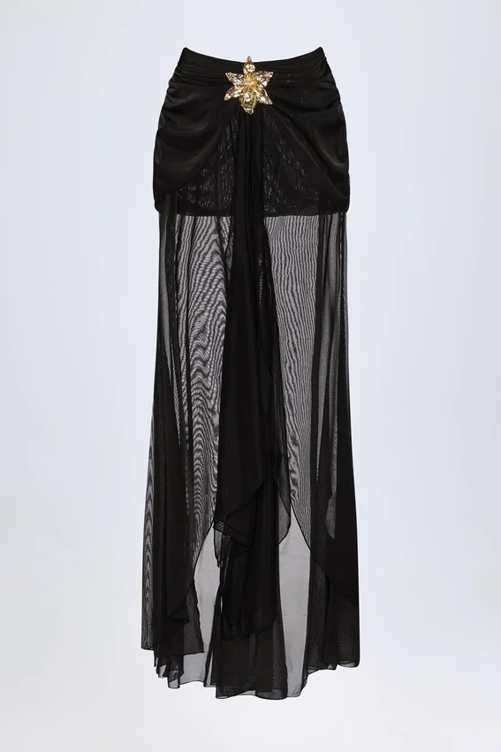 Bacalar Ruched Hardware-Detail Fishtail Maxi Skirt in Black Bacalar Ruched Hardware-Detail Fishtail Maxi Skirt in Black