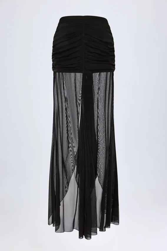 Bacalar Ruched Hardware-Detail Fishtail Maxi Skirt in Black Bacalar Ruched Hardware-Detail Fishtail Maxi Skirt in Black