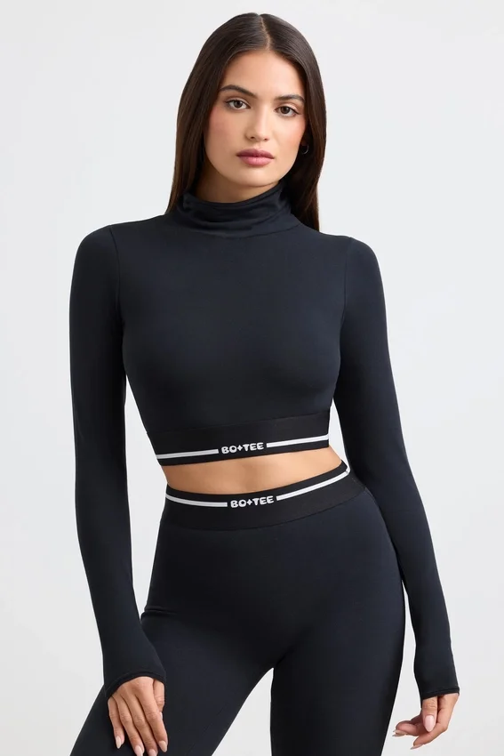 Backless Turtleneck Long-Sleeve Crop Top in Black Backless Turtleneck Long-Sleeve Crop Top in Black
