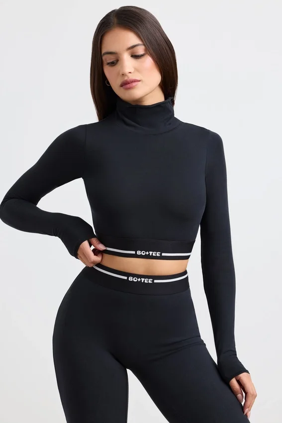 Backless Turtleneck Long-Sleeve Crop Top in Black Backless Turtleneck Long-Sleeve Crop Top in Black