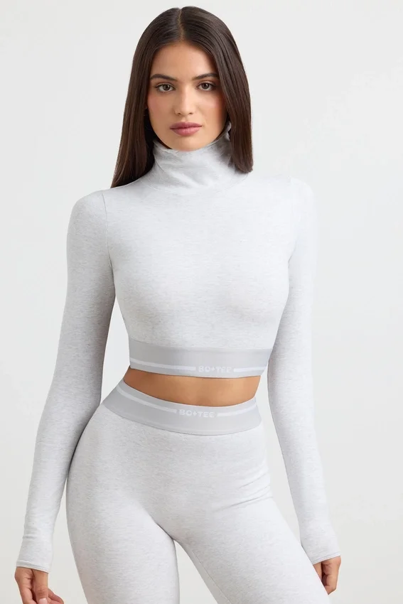 Backless Turtleneck Long-Sleeve Crop Top in Grey Marl Backless Turtleneck Long-Sleeve Crop Top in Grey Marl