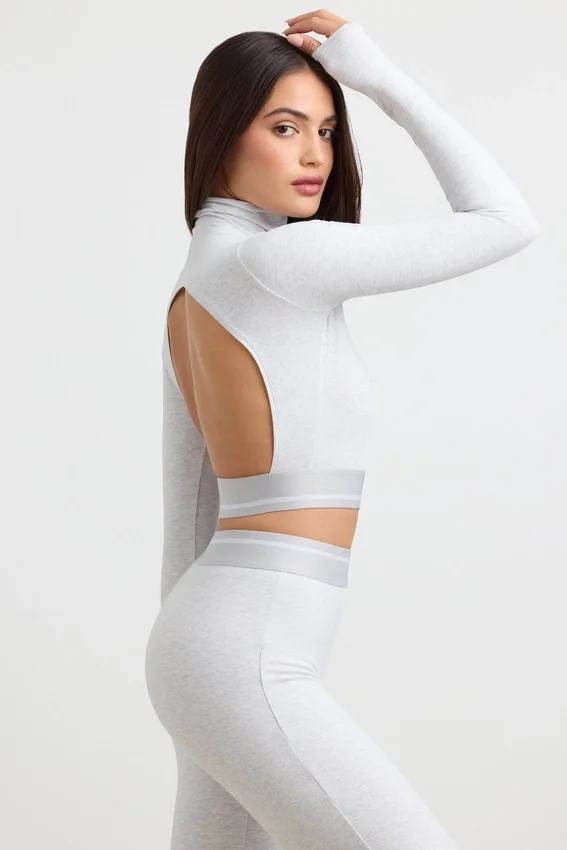 Backless Turtleneck Long-Sleeve Crop Top in Grey Marl Backless Turtleneck Long-Sleeve Crop Top in Grey Marl