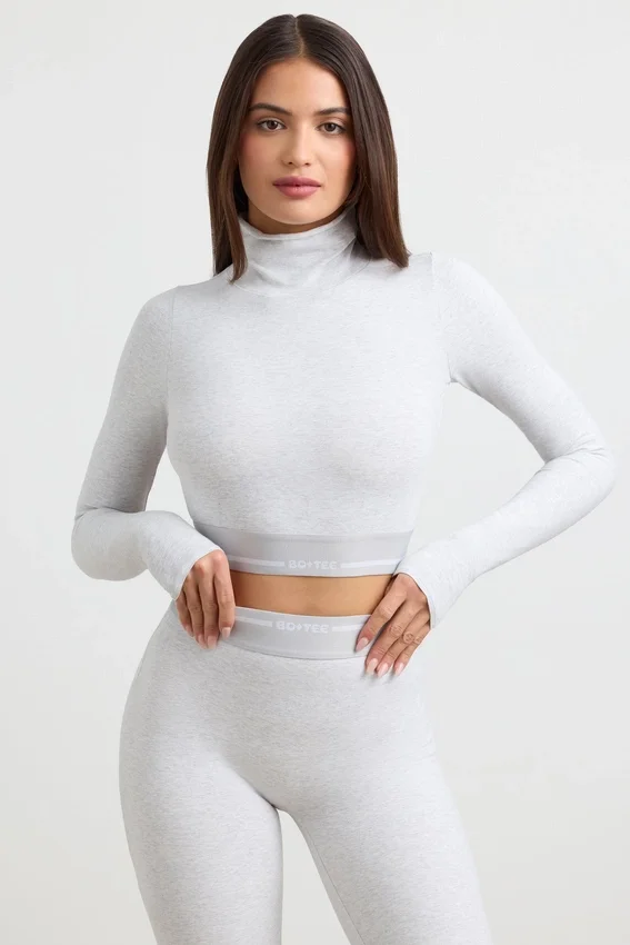 Backless Turtleneck Long-Sleeve Crop Top in Grey Marl Backless Turtleneck Long-Sleeve Crop Top in Grey Marl