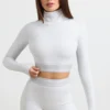 Backless Turtleneck Long-Sleeve Crop Top in Grey Marl Backless Turtleneck Long-Sleeve Crop Top in Grey Marl