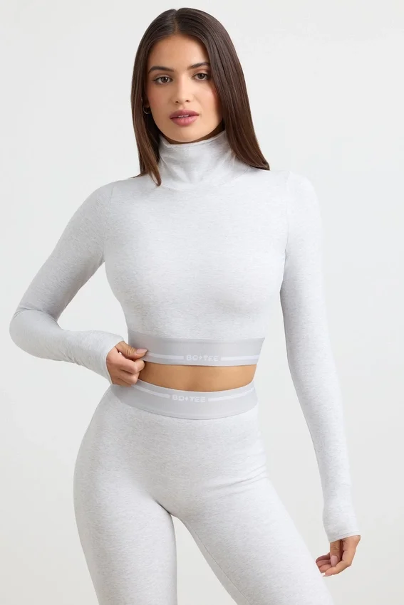 Backless Turtleneck Long-Sleeve Crop Top in Grey Marl Backless Turtleneck Long-Sleeve Crop Top in Grey Marl