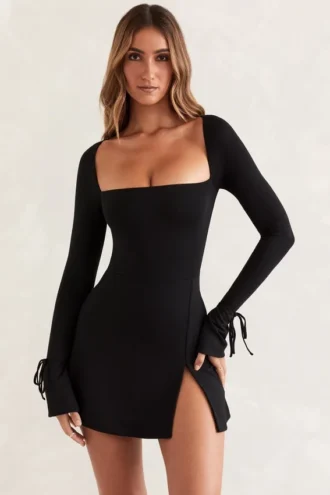 Baize Square Neck Long Sleeve Mini Dress in Black Baize Square Neck Long Sleeve Mini Dress in Black