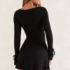 Baize Square Neck Long Sleeve Mini Dress in Black Baize Square Neck Long Sleeve Mini Dress in Black