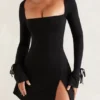 Baize Square Neck Long Sleeve Mini Dress in Black Baize Square Neck Long Sleeve Mini Dress in Black